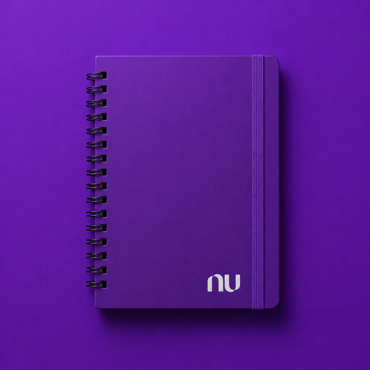 Caderno roxo corporativo com logo Nu branco estampado em DTF pela Exatek