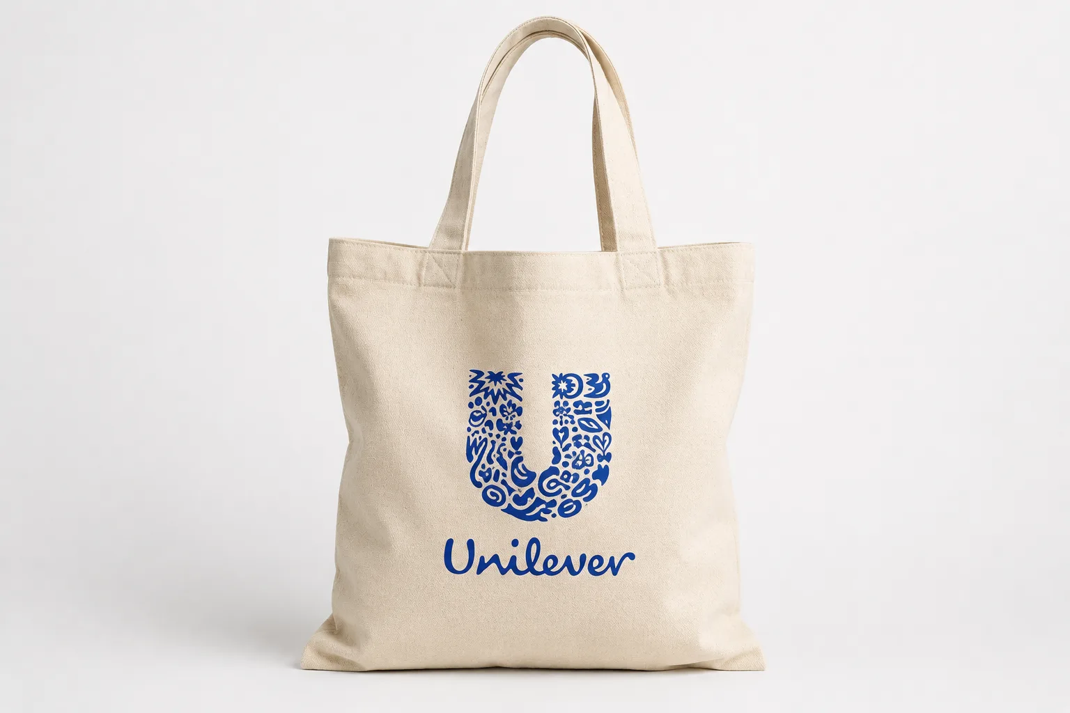 Ecobag de algodão cru com logo Unilever estampado em azul pela Exatek